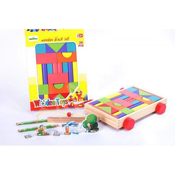 Traukiamas vežimėlis su 30 spalvotų kaladėlių ir žaisliukais